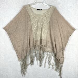 Boho Chic Poncho Shirt Women M Beige Embroidered Fringe Festival Hippie Prairie